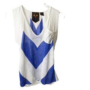 Jamison Linen Sweater Color Block Blue White Cap Sleeves Side Ruching Size XS